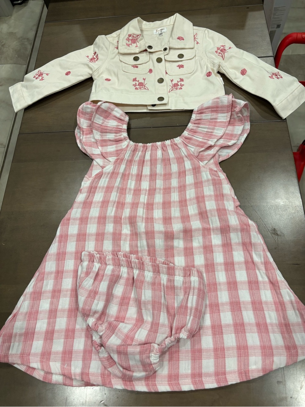 Pink Gingham Baby Dress with Cream Embroidered Jacket